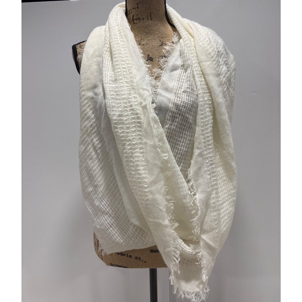 Charming Charlie White Infinity Scarf Textured Acrylic Knit Frayed Edge